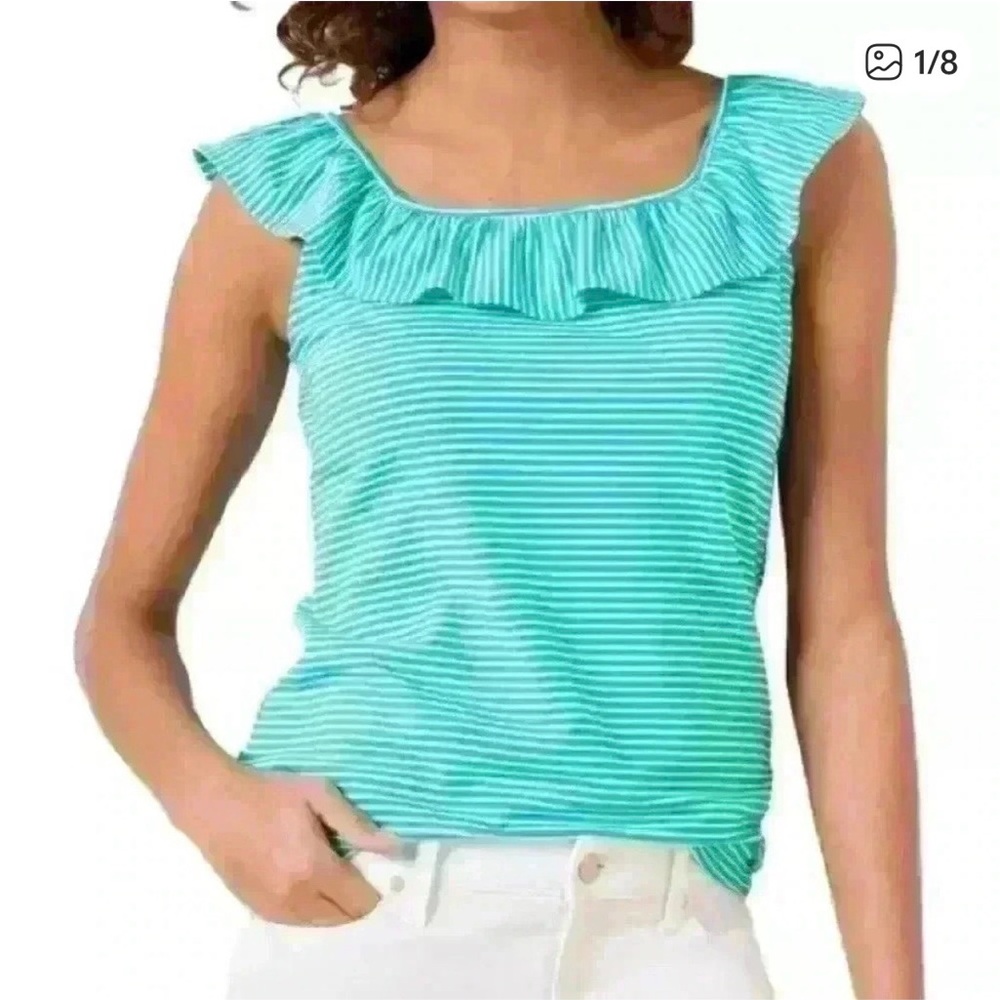 NEW Talbots Turquoise Striped Ruffle Tank Top.‎ Large petite.